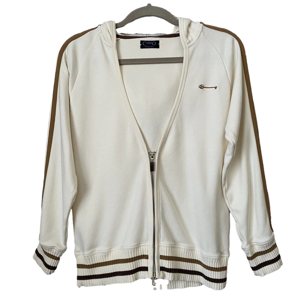 🌵 Como Sport Cream & Brown Warm Up Athleisure Hooded Zip Up Sweatshirt - Medium